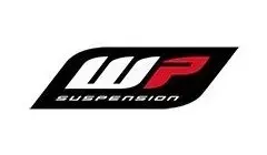 WP Suspension logo in white, red, and black, on a black background, angled, with