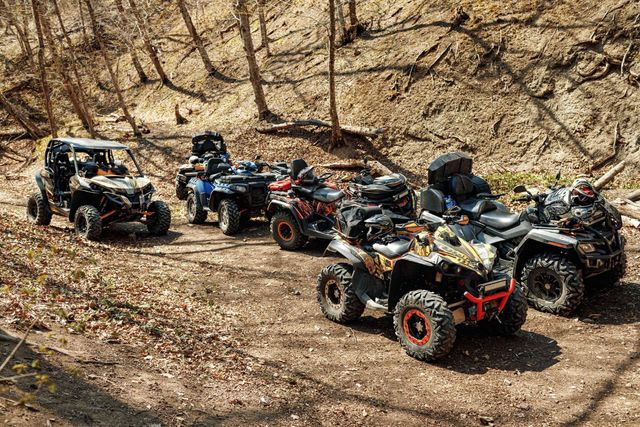 ATVs and a side-by-side lined up on a wooded dirt trail
