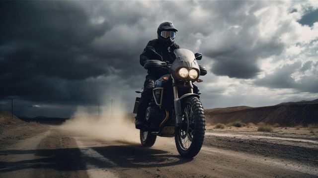 Rider on an adventure motorcycle kicking up dust on a desert road