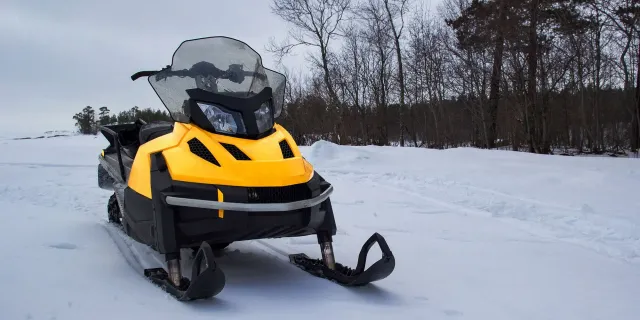 Yellow and black snowmobile parked on a snowy trail by bare trees