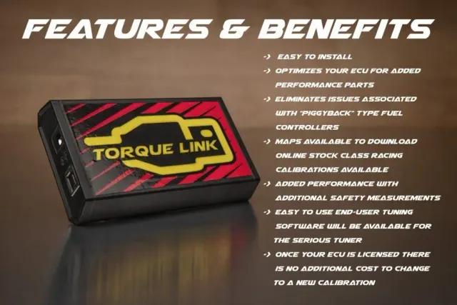 Torque Link ECU tuner with its features and benefits listed beside it